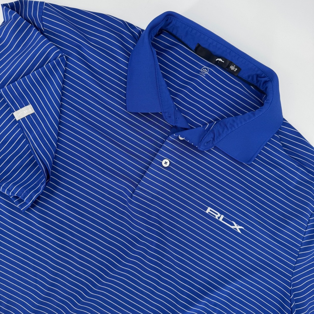 RLX Ralph Lauren Mens XXL Blue White Striped Performance Golf Polo Shirt